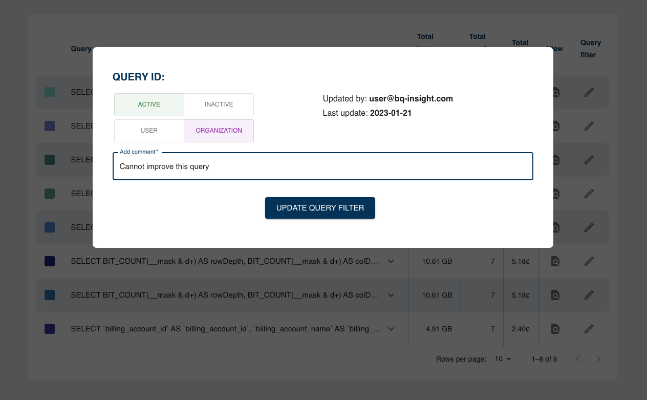 Showing the use of a query filter modal